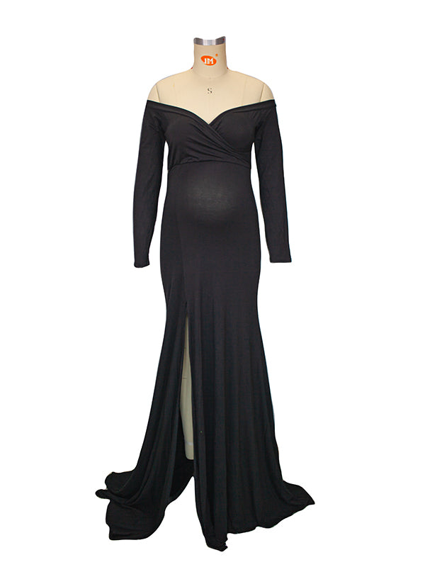 fotobeyou Side Split Mermaid Off Shoulder Bodycon Photoshoot Maternity Maxi Dress