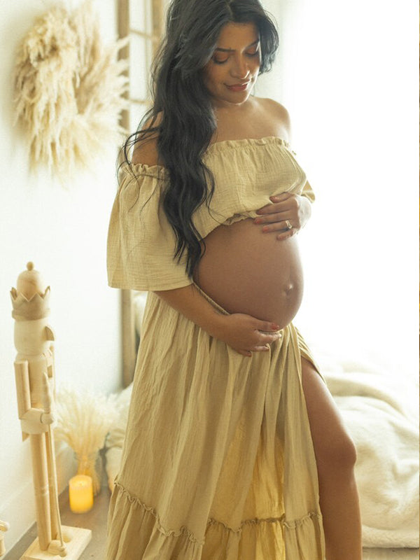 fotobeyou Boho Solid Color Off Shoulder Backless Linen Cotton Ruffle 2-in-1 Crop Cap Sleeve Side Slit Photoshoot Maternity Maxi Dress