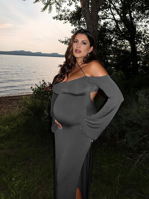 fotobeyou Dark Grey Off Shoulder Cut Out Side Slit Backless Cami Flare Sleeve Chic Going Out Party Maternity Photoshoot Baby Shower Maxi Dress