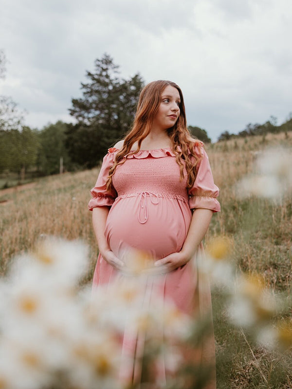 fotobeyou Pink Boho Flowy Bump Friendly Off Shoulder Photoshoots Maxi Dress
