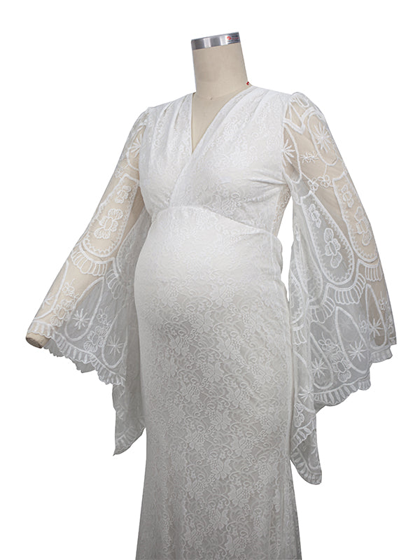 fotobeyou White Lace Trumpet V-Neck Flare Sleeve Bodycon Prom Wedding Gown Photoshoot Maternity Maxi Dress