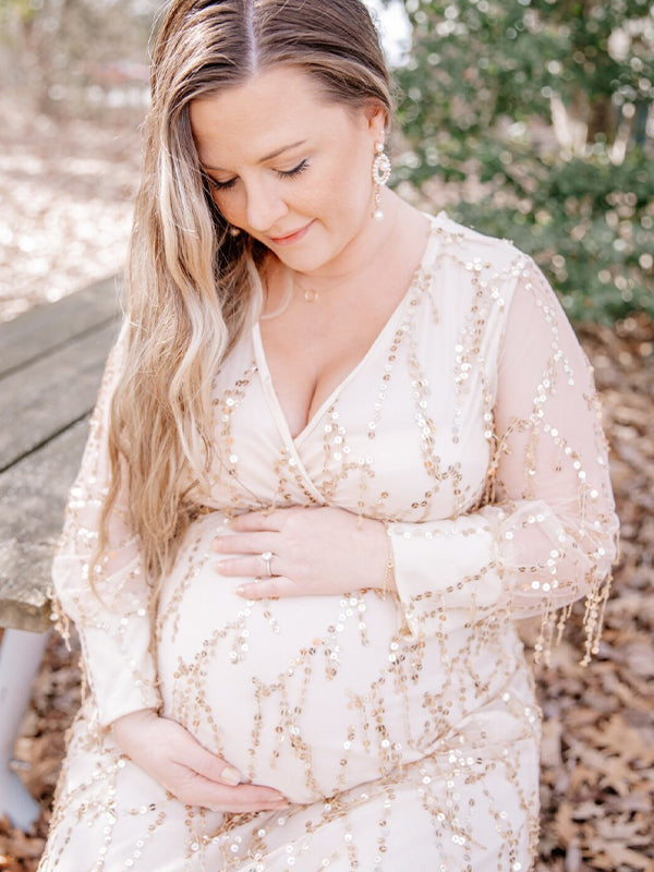 fotobeyou Apricot Sequin Tassel Tulle Ruched Cross Chest Multi Way Tie Back V-neck Elegant Boho Photoshoot Maternity Maxi Dress