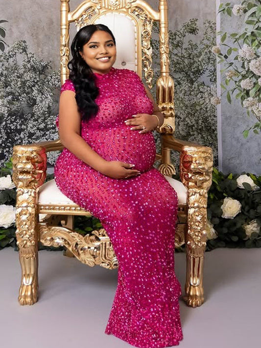 fotobeyou Diamond Starry Mandarin Sleeveless Plus Size Maternity Maxi Dress