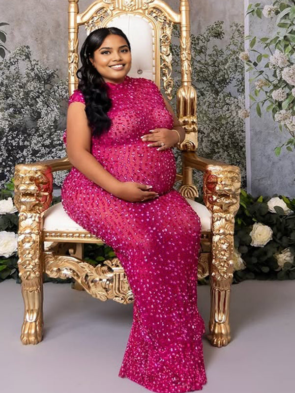 fotobeyou Diamond Starry Mandarin Sleeveless Plus Size Maternity Maxi Dress