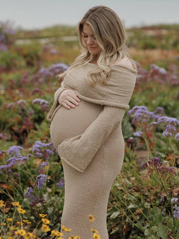 fotobeyou Solid Color Off Shoulder Hollow Out Knitwear Bodycon Beach Vacation Dress Baby Shower Maternity Maxi Dress