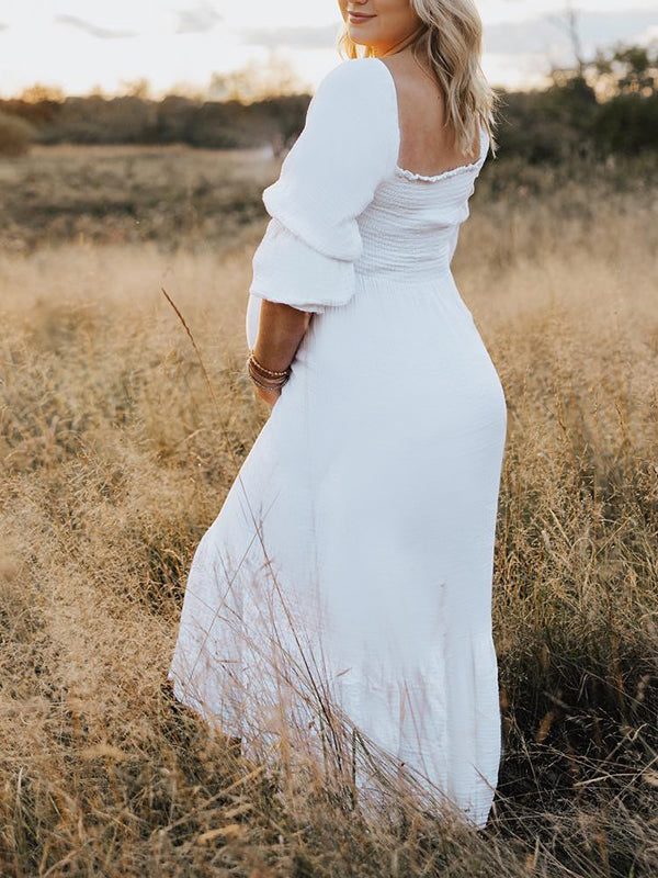 fotobeyou White Ruffle Ruched High Waist Puff Sleeve Cute Photoshoot Maternity Maxi Dress