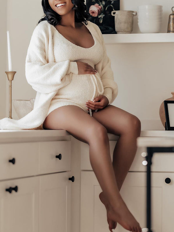 fotobeyou Ivory Three-piece Cozy Knit Set Plus Size Crop Top Cardigan Fluffy Loungewear Casual Daily Maternity Outfit