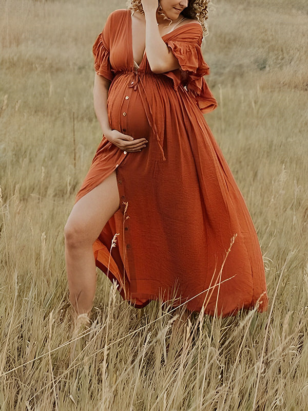 fotobeyou Single Breasted Drawstring Ruffle Tie Back Red Maternity Photoshoot Maxi Dress