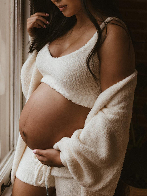 fotobeyou Ivory Three-piece Cozy Knit Set Plus Size Crop Top Cardigan Fluffy Loungewear Casual Daily Maternity Outfit