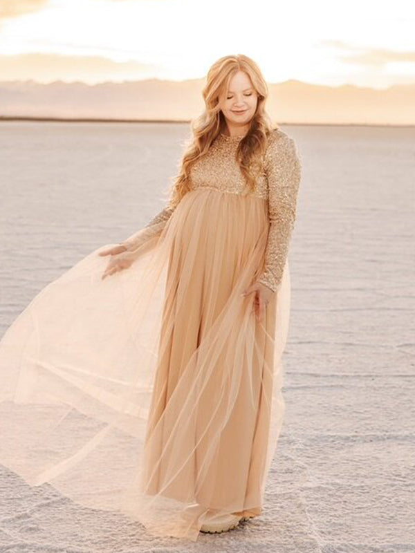 fotobeyou Sequin Tulle Splicing Long Sleeve Party Gown Photoshoot Maternity Baby Shower Maxi Dress