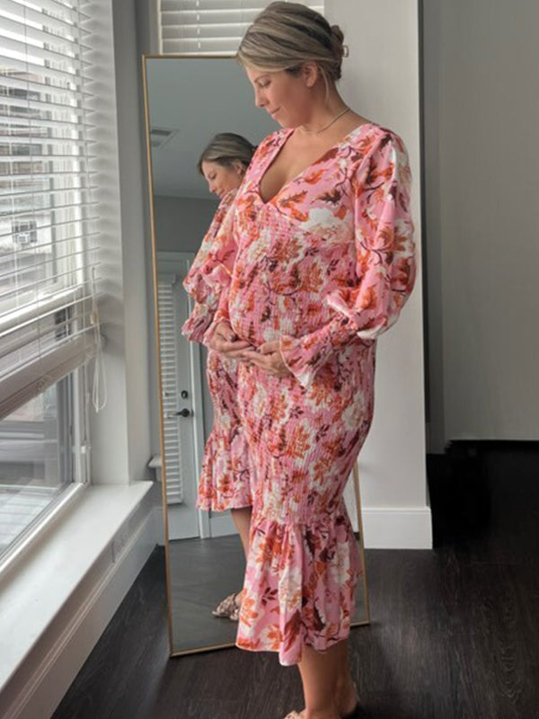 fotobeyou Pink Floral Smocked Mermaid Deep V-neck Lantern Sleeve Elegant Cocktail Party Maternity Photoshoot Baby Shower Maxi Dress