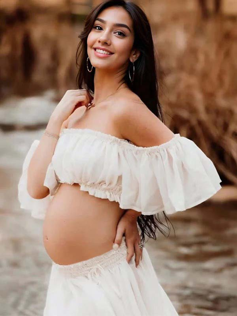 fotobeyou Solid Color Bohemian Off Shoulder Backless Ruffle 2 piece set Photoshoot Maternity Maxi Dress