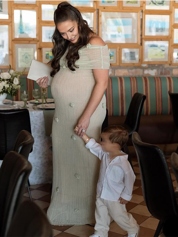 Matcha 3D Flowers Off Shoulder Plus Size Baby Shower Maternity Maxi Dress