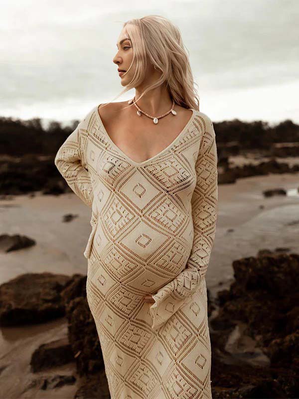 Apricot Cut Out Sheer Knit Photoshoot Maternity Maxi Dress