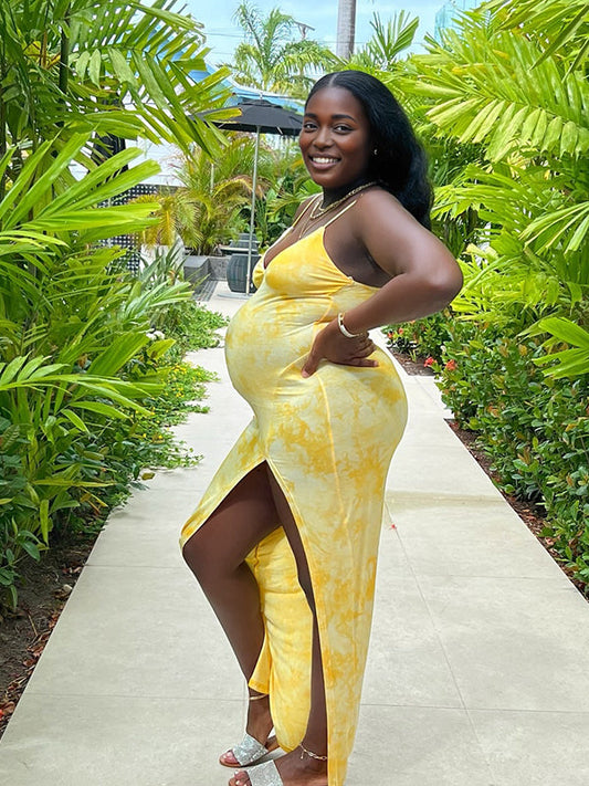 Fotobeyou Yellow Spaghetti Strap Side Slit Maternity Photoshoot Maxi Dress
