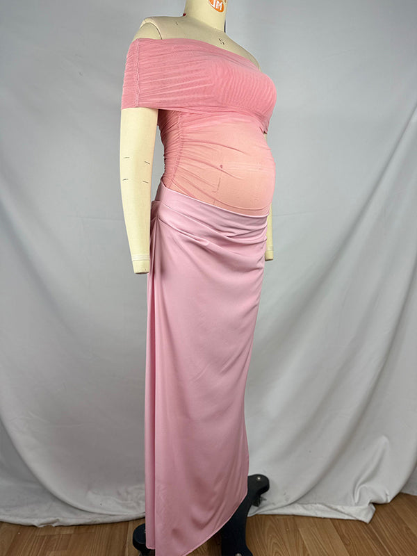 fotobeyou Mesh Patchwork Off Shoulder Ruched Cut Out Bodycon Elegant Cocktail Party Maternity Baby Shower Maxi Dress