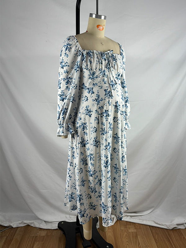 fotobeyou White And Blue Flowers Side Slit Cross Lace Up Lantern Sleeve Gendeer Reveal Baby Boy Shower Maternity Maxi Dress