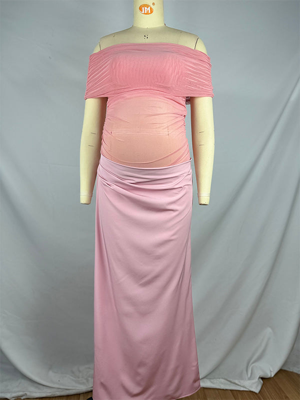 fotobeyou Mesh Patchwork Off Shoulder Ruched Cut Out Bodycon Elegant Cocktail Party Maternity Baby Shower Maxi Dress