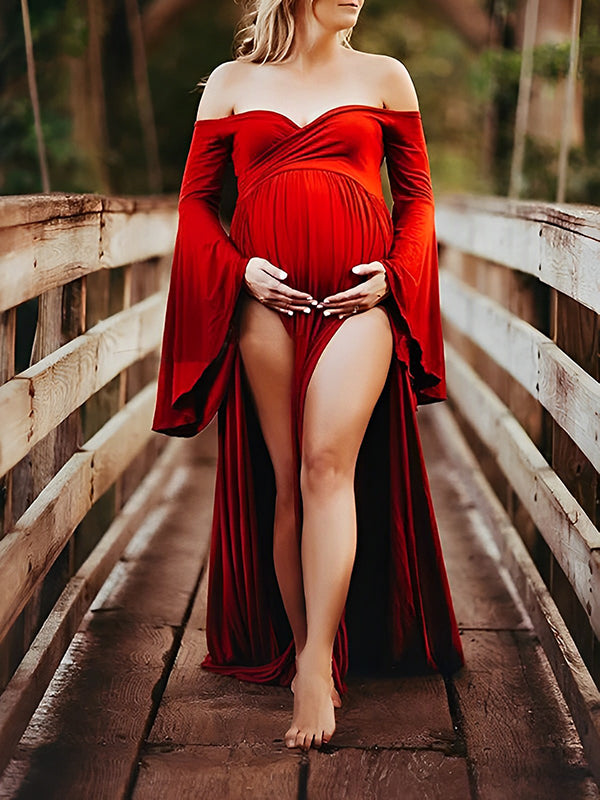 fotobeyou Solid Off Shoulder V-neck Slit Flare Sleeve Party Long Train Gown Maternity Photoshoot Maxi Dress
