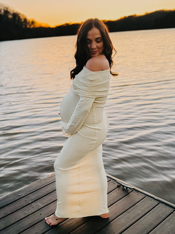 fotobeyou Yellow Knit Off Shoulder Flare Sleeve Mermaid Bodycon Elegant Vacation Photoshoot Baby Shower Maternity Maxi Dress