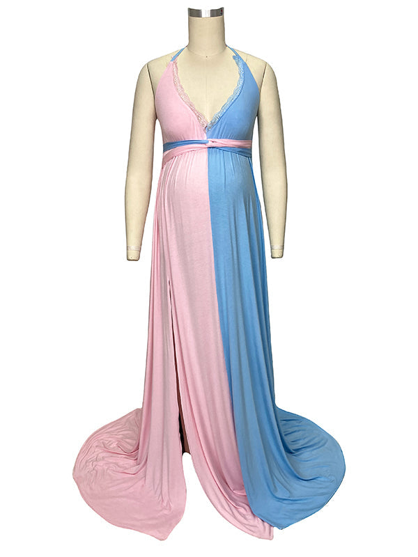 fotobeyou Pink&Blue Lace Backless Side Slit Gender Reveal Cute Maternity Maxi Dress