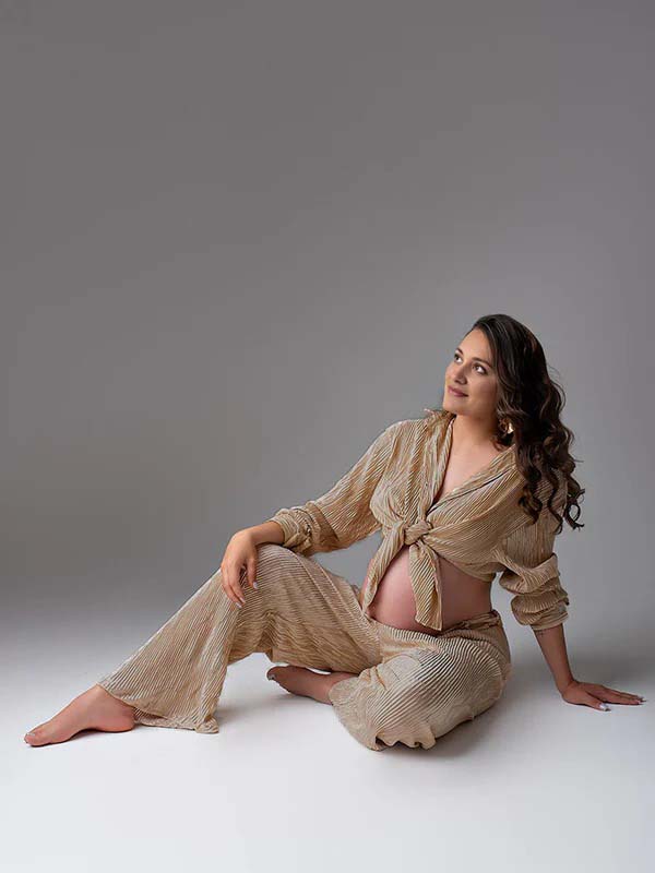 fotobeyou Khaki Buttons Pleat Bell Bottom Jeans Daily Two Piece Going out Maternity Photoshoot Homewear