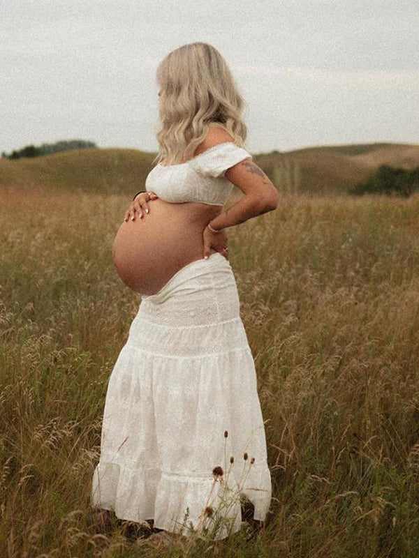 fotobeyou White 2-in-1 Lace Cut Out Off Shoulder Tie Elegant Flowy Vacation Photoshoot Maternity Maxi Dress