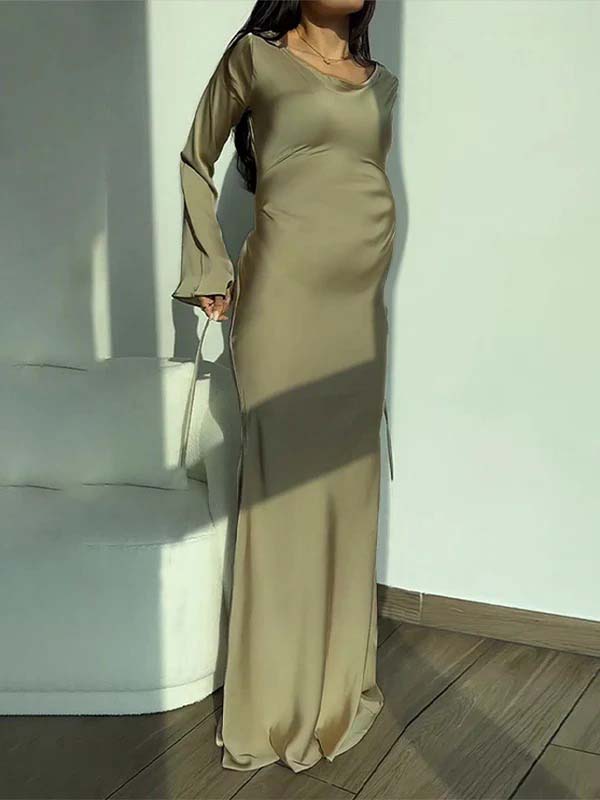 fotobeyou Silk Back Tie Solid Color Flare Sleeve Elegant Photoshoot Baby Shower Maternity Maxi Dress