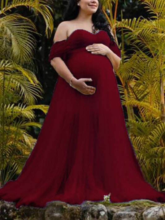 fotobeyou Grenadine Tulle Lace Off Shoulder Baby Shower Photoshoot Pregnant Maternity Maxi Dress