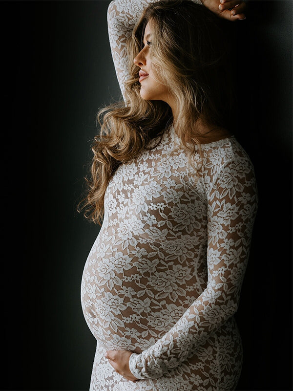 fotobeyou White Lace Sheer Bodycon Elegant Cocktail Party Maternity Baby Shower Maxi Dress