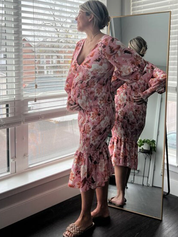 fotobeyou Pink Floral Smocked Mermaid Deep V-neck Lantern Sleeve Elegant Cocktail Party Maternity Photoshoot Baby Shower Maxi Dress