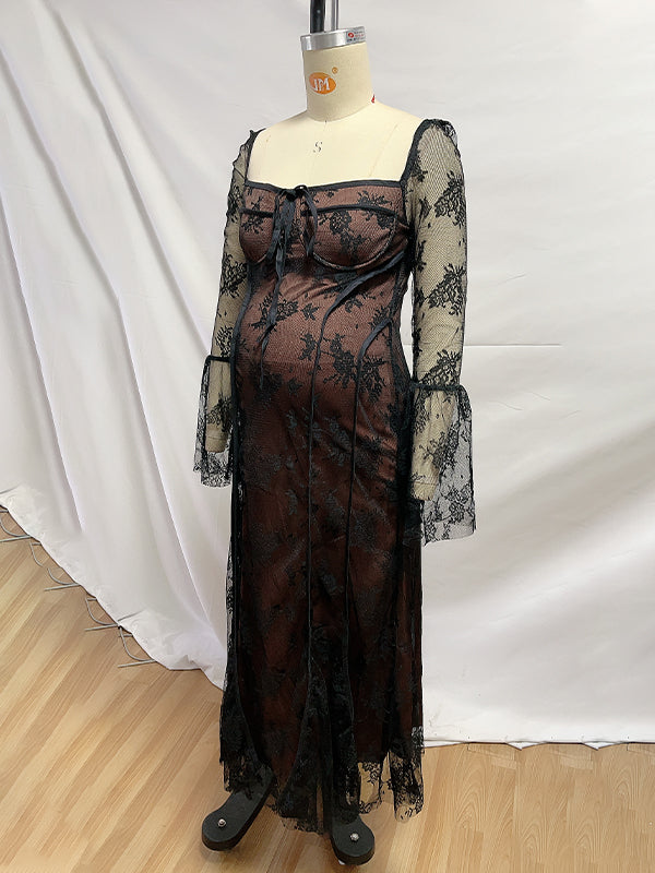 fotobeyou Black Lace Bow Grenadine Flare Sleeve Mermaid Back Lace Up Photoshoot Baby Shower Maternity Maxi Dress