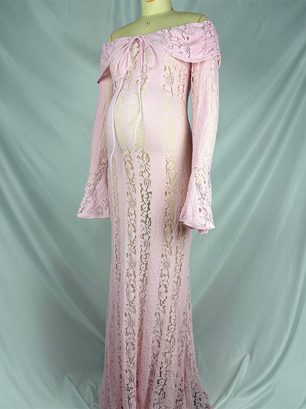 Pink Off Shoulder Lace Mermaid Photoshoot Maternity Maxi Dress