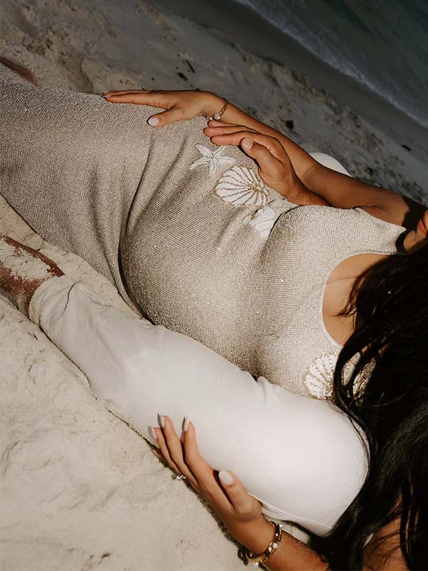 fotobeyou Knit Shell Pearl Pattern Sparkly Photoshoot Maternity Maxi Dress