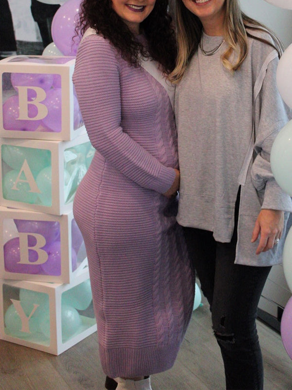 Fotobeyou Purple Round Neck Crochet Maternity Baby Shower Sweater Maxi Dress