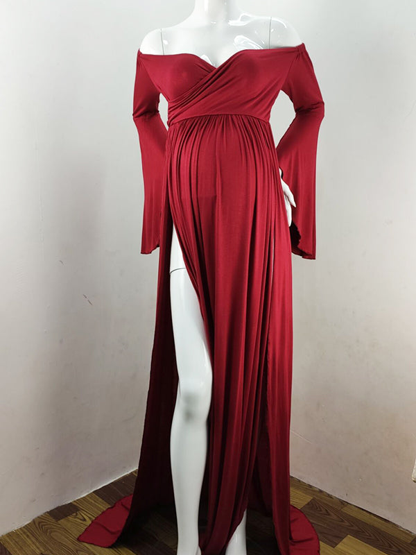 fotobeyou Solid Off Shoulder V-neck Slit Flare Sleeve Party Long Train Gown Maternity Photoshoot Maxi Dress