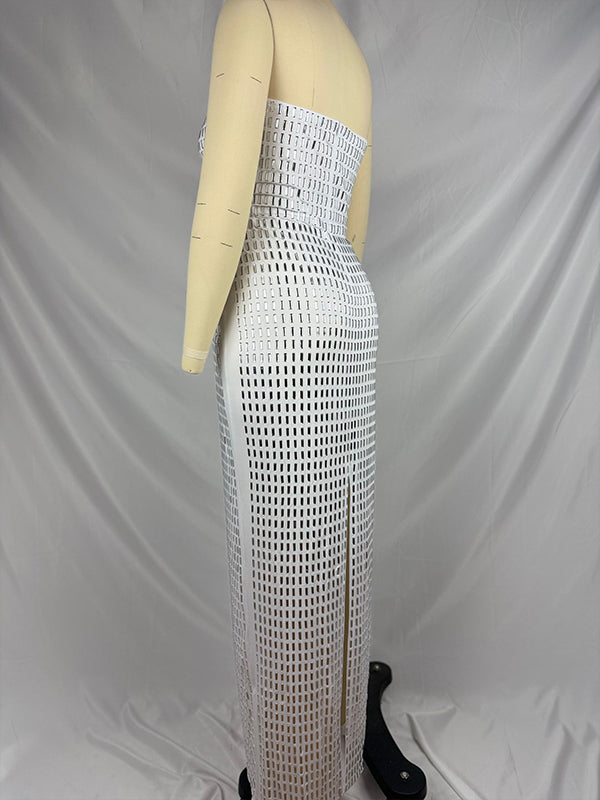 fotobeyou Glitter Diamond Rhinestone Bandeau Back Slit Bodycon Elegant Cocktail Party Maternity Baby Shower Maxi Dress