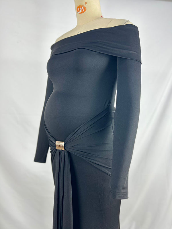 fotobeyou Black Off Shoulder Draped Ruched Metal Buckle Bodycon Elegant Maternity Photoshoot Maxi Dress