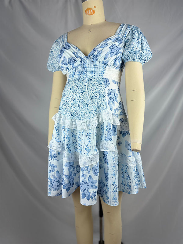 fotobeyou Puff Sleeve V-neck Flowers  Tiered Lace Sweet Maternity Baby Shower Mini Dress