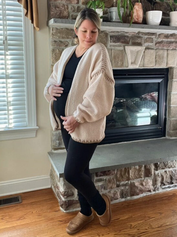 fotobeyou Lines Hit Color Lantern Sleeve Fashion Daily Photoshoot Maternity Sweater Cardigan