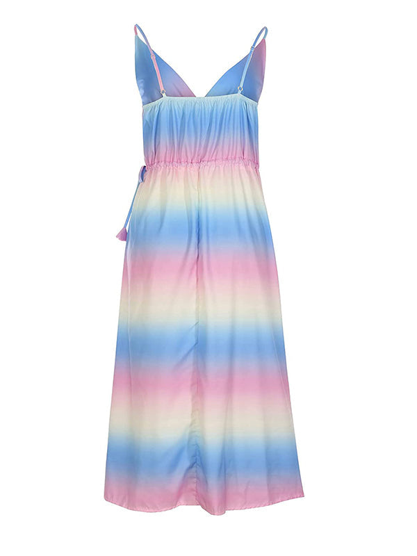 fotobeyou Pink-Blue Ombre V-neck Spaghetti Strap Cami Slit Boho Gender Reveal Party Maternity Maxi Dress