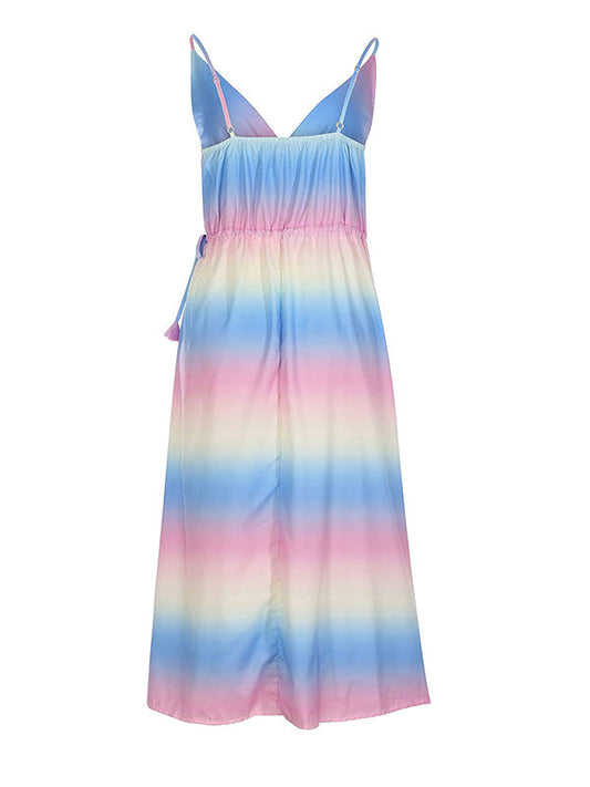 fotobeyou Pink-Blue Ombre V-neck Spaghetti Strap Cami Slit Boho Gender Reveal Party Maternity Maxi Dress