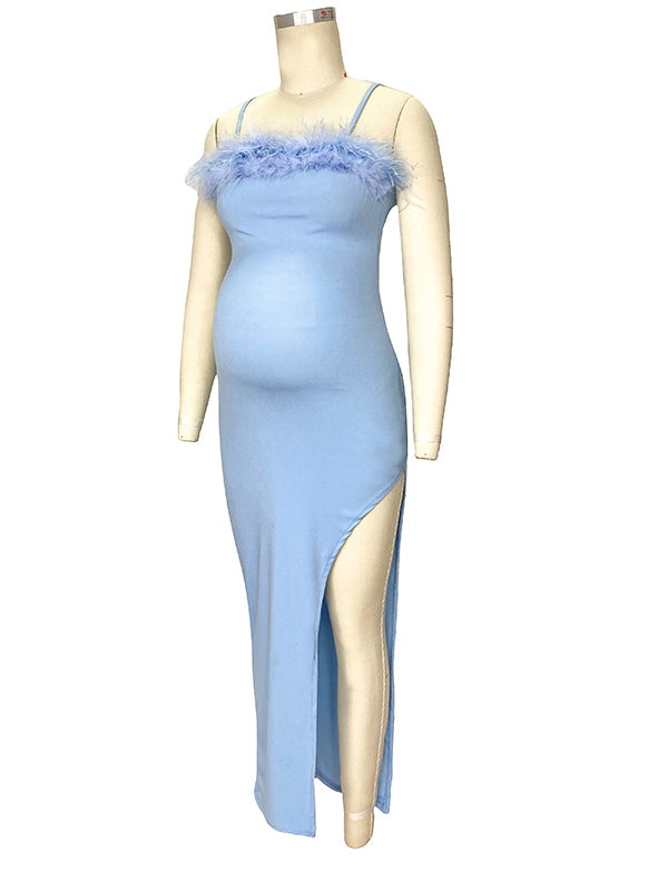 fotobeyou Spaghetti Strap Off Shoulder Feather Splicing Side Slit Bodycon Party Maternity Maxi Dress