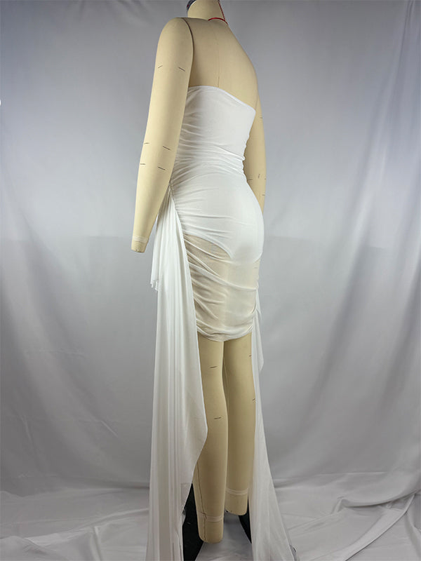 fotobeyou White Tube Sheer Grenadine Draped Baby Shower Maternity Mini Dress
