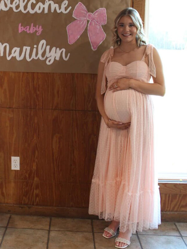 fotobeyou Light Pink Polka Dot Bow Ruffle Falbala Tie-Shoulder A-line Tulle Princess Dress Maxi Dress