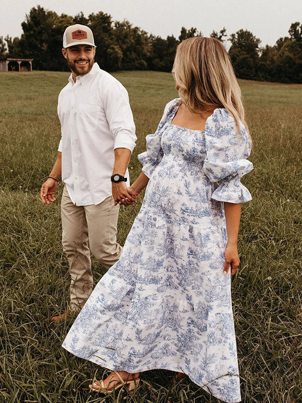 fotobeyou Ruffle Ruched High Waist Puff Sleeve Cute Photoshoot Maternity Maxi Dress