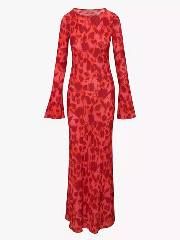 fotobeyou Red Leopard Flare Sleeve Mermaid Bodycon Cute Elegant Photoshoot Baby Shower Maternity Maxi Dress
