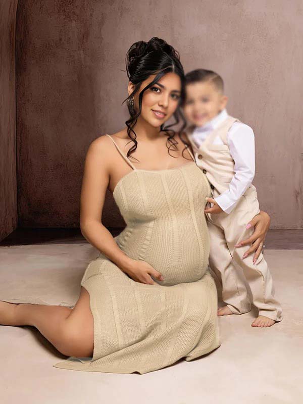 fotobeyou Beige Spaghetti Strap Striped Crochet Maternity Photoshoot Maxi Dress