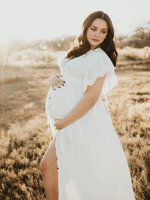 fotobeyou White Deep V-neck Button Down Boho Plus Photoshoot Maternity Maxi Dress