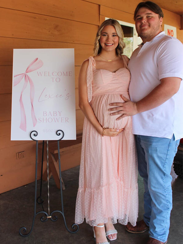 fotobeyou Light Pink Polka Dot Bow Ruffle Falbala Tie-Shoulder A-line Tulle Princess Dress Maxi Dress